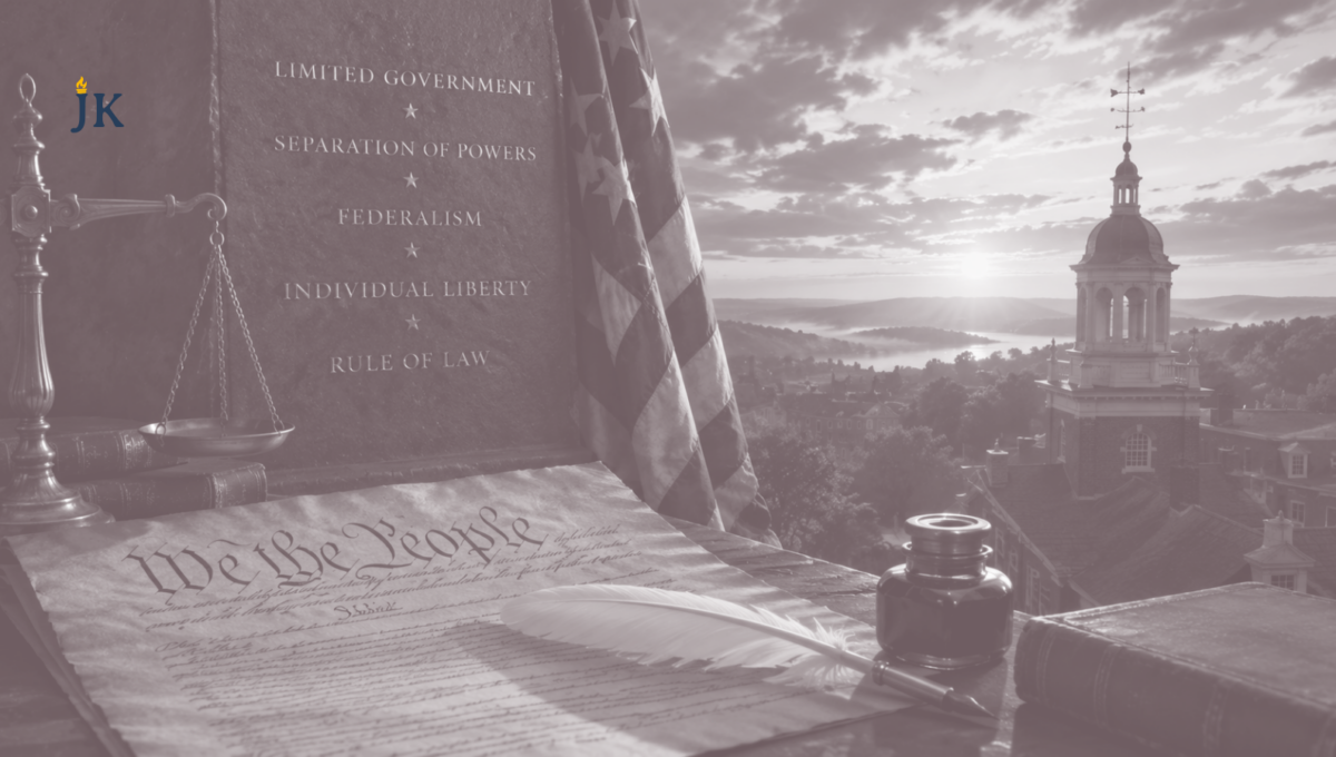 The U.S. Constitution, scales of justice, and American flag symbolize limited government, federalism, and the constitutional principles established by America's Founding Fathers.
