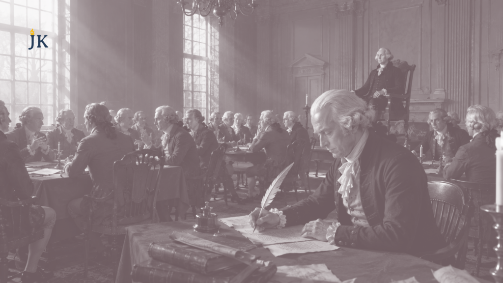 James Madison writes during the Constitutional Convention while George Washington presides inside Independence Hall in 1787.