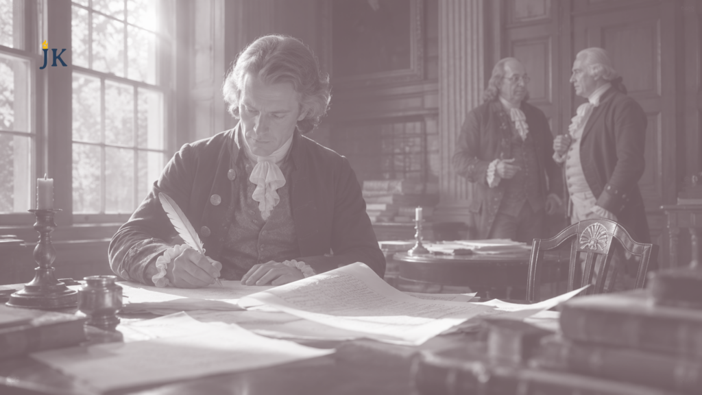 An artistic depiction of Thomas Jefferson drafting the Declaration of Independence inside Independence Hall in Philadelphia while Benjamin Franklin and John Adams discuss ideas in the background, symbolizing the birth of American liberty and the founding principles of the United States.
