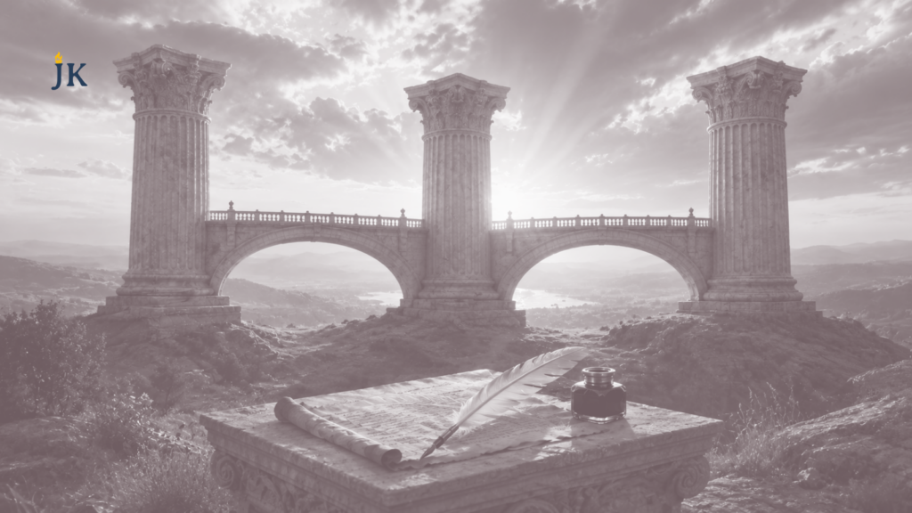 Three symbolic stone pillars connected by bridges represent the separation of powers and constitutional checks and balances.