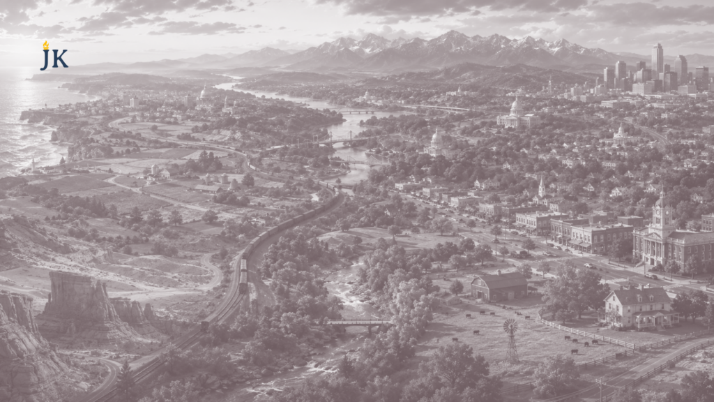A panoramic American landscape representing federalism, local self-government, and the diversity of the United States.