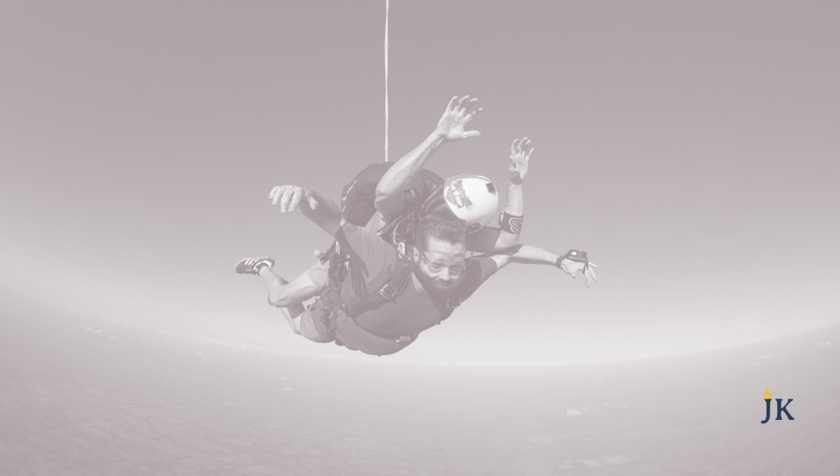 Jeramy Kitchen tandem skydiving over Texas at sunset to honor his late mother's dream of skydiving together.