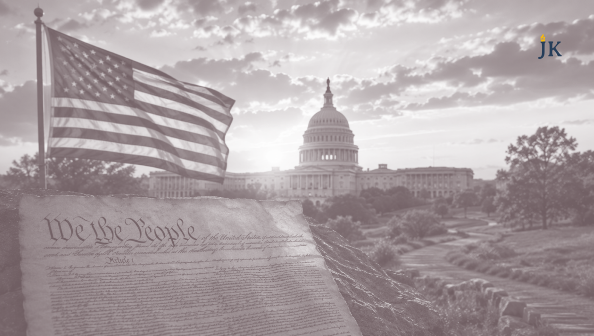 The United States Constitution, American flag, and U.S. Capitol symbolize the enduring American experiment, constitutional government, and nearly 250 years of liberty.