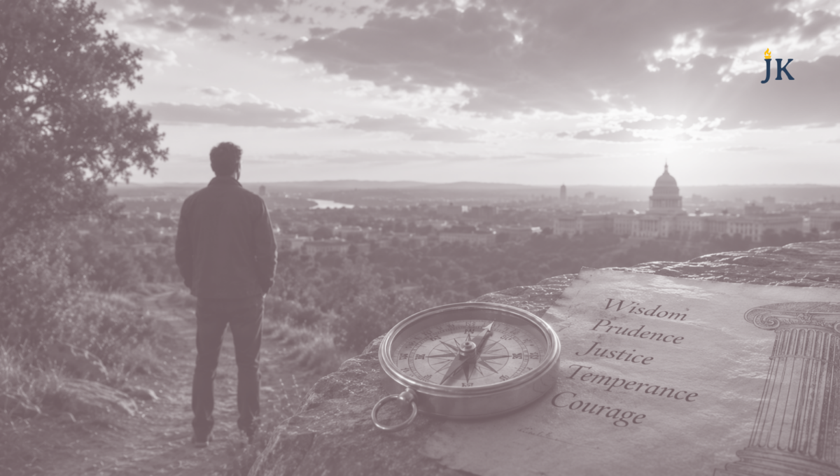 A lone man overlooks a capitol skyline at sunrise beside a compass and parchment representing wisdom, prudence, justice, temperance, and courage, symbolizing conservative statesmanship and principled leadership.