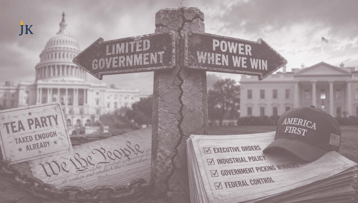 Conceptual illustration showing the U.S. Capitol, the White House, Tea Party symbolism, and signs pointing toward limited government and expanded federal power, representing the ideological shift within modern American conservatism.