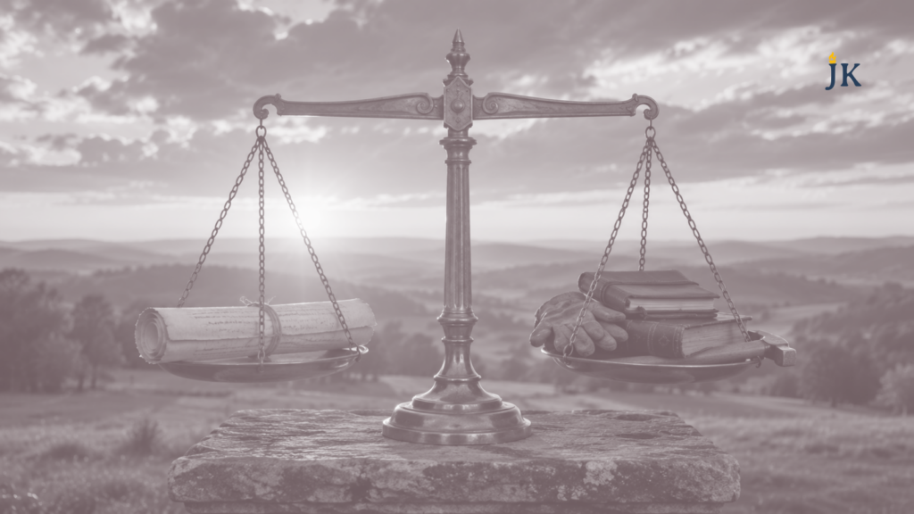Balance scale comparing the Bill of Rights with symbols of work, faith, and responsibility representing liberty and civic virtue.