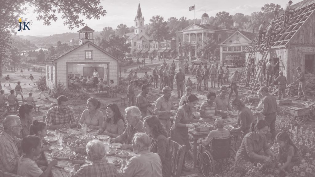 Families, volunteers, students, and neighbors working together in a small American town representing civic virtue and community service.