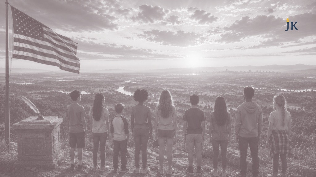Children overlooking America at sunrise beneath the American flag symbolize the future of liberty and the next generation of citizens.