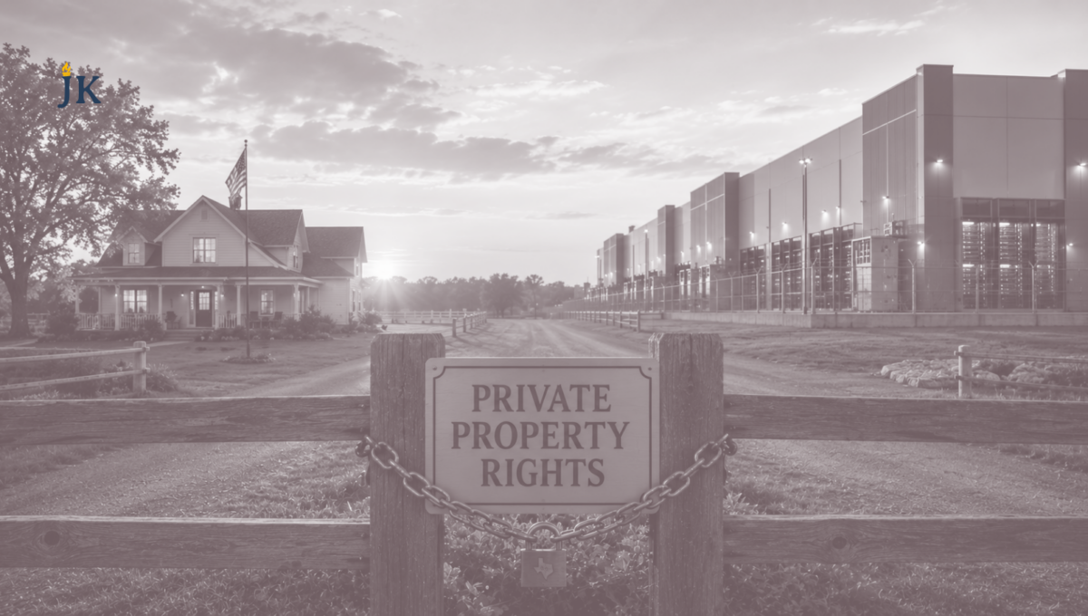 Texas farmhouse and modern data center separated by a private property gate representing the debate over property rights and data center development in Texas.