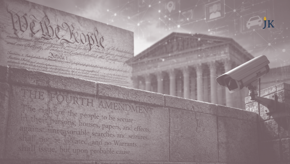 A symbolic illustration depicting the Fourth Amendment, the U.S. Constitution, a government courthouse, and a surveillance camera, representing the balance between constitutional rights, privacy, and modern government surveillance technology.
