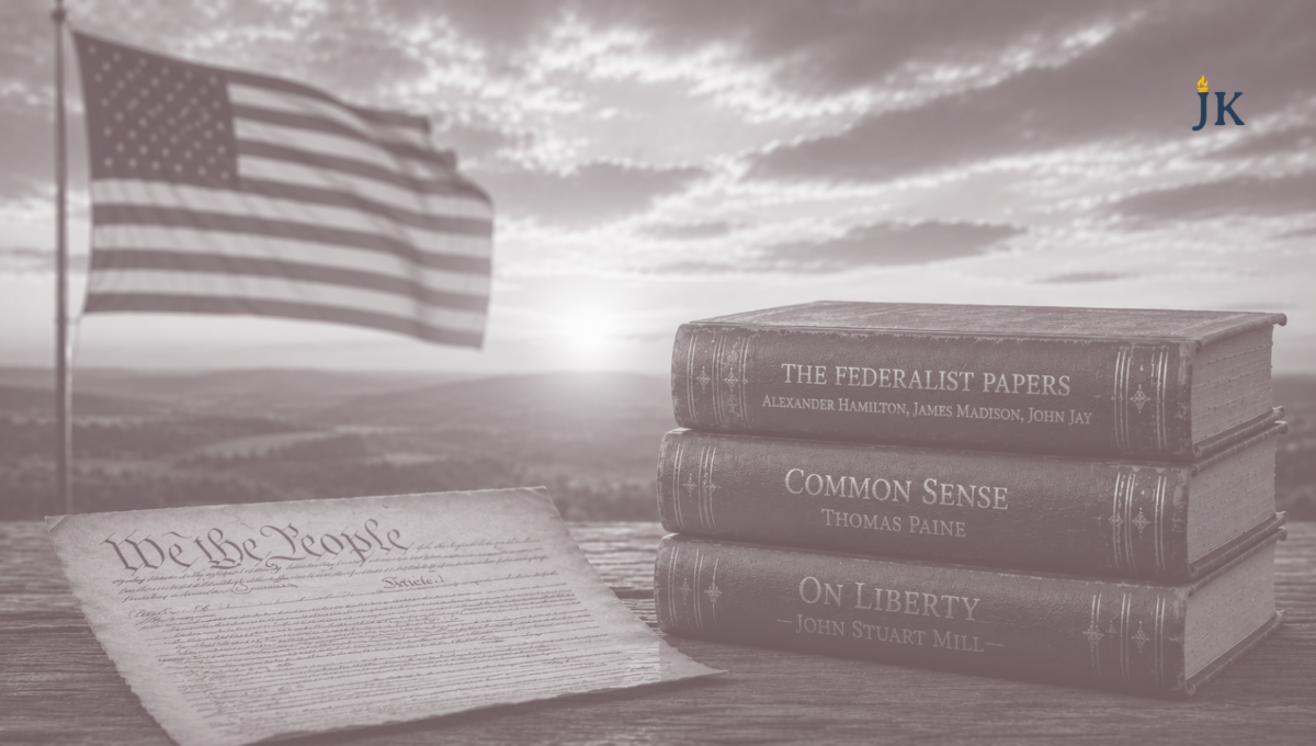 An American flag waves beside the U.S. Constitution, The Federalist Papers, Common Sense, and On Liberty, symbolizing the founding principles, constitutional government, and philosophical foundations of American conservatism.