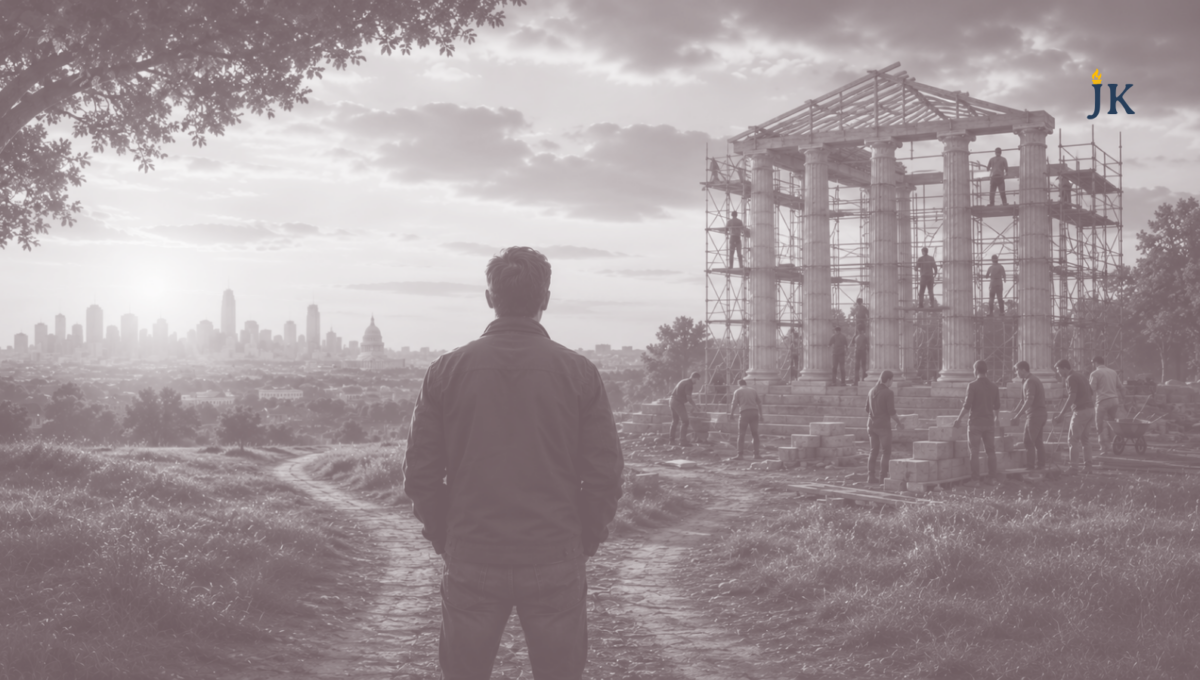 A lone man overlooks workers constructing a classical building at sunrise, symbolizing the importance of building enduring institutions, leadership, and conservative principles that outlast individual personalities.