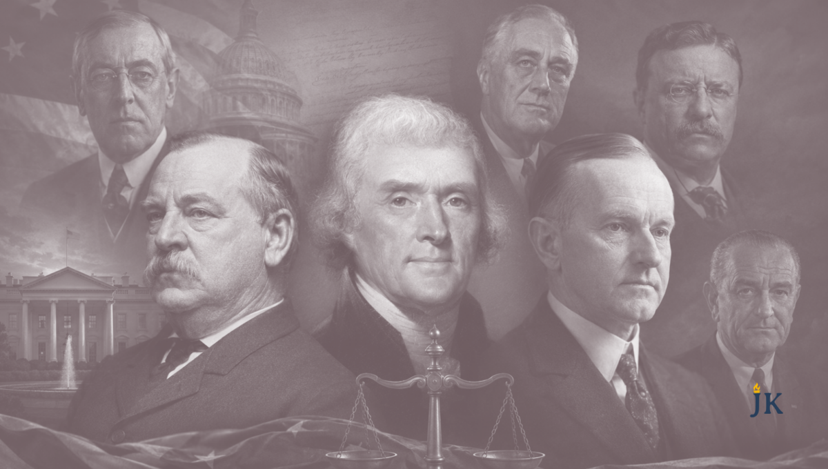 Collage of U.S. presidents with the White House, U.S. Capitol, American flag, and scales of justice representing a liberty-first presidential ranking
