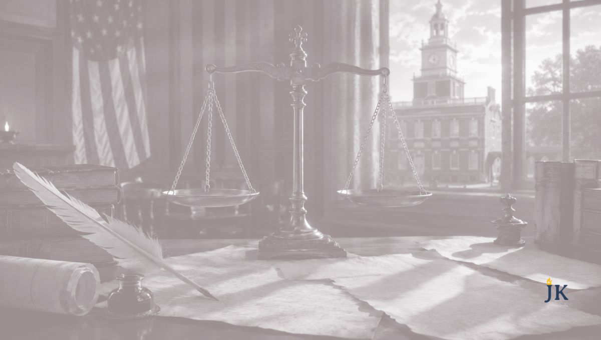 Scales of justice, a quill, founding-era documents, and Independence Hall representing liberty, the common good, and constitutional limits on government power.