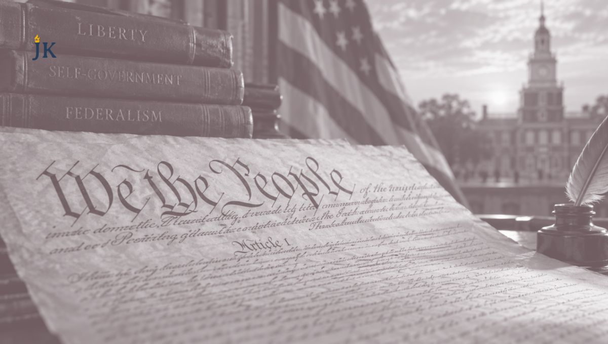 U.S. Constitution with “We the People,” American flag, Independence Hall, and books representing liberty, self-government, and federalism.