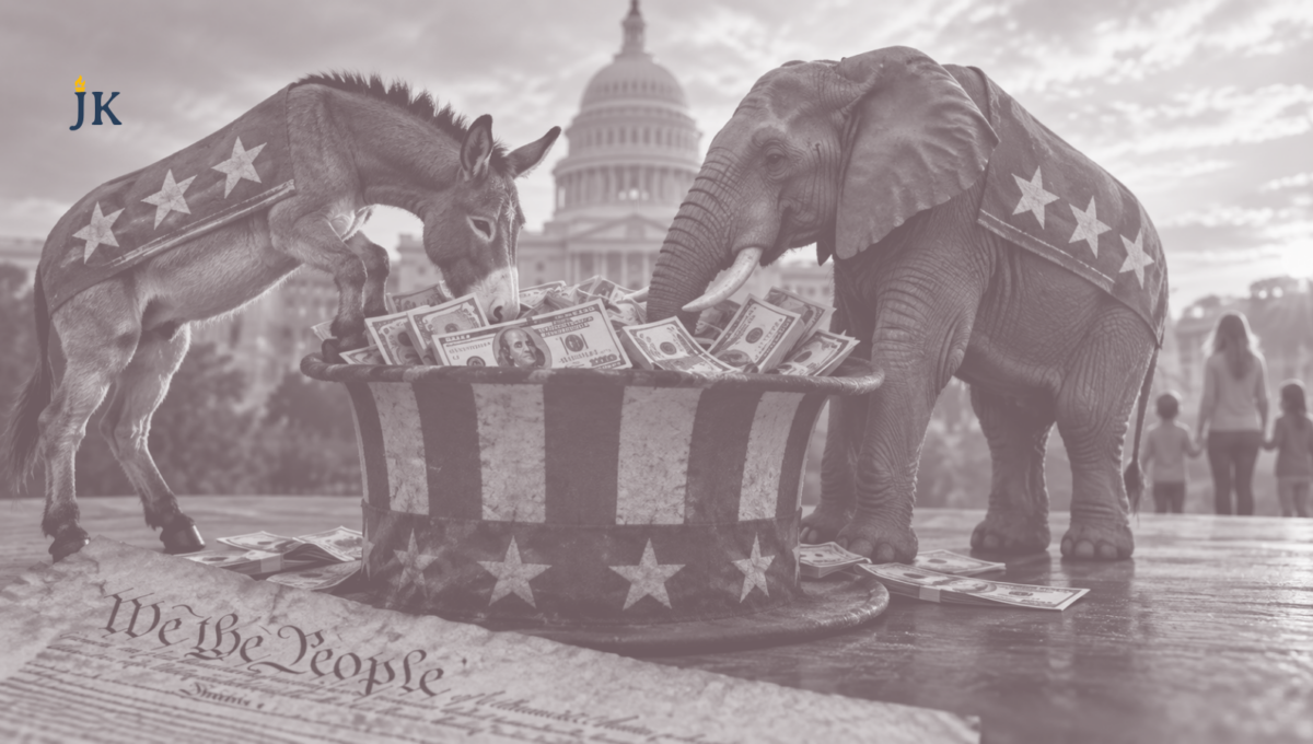 Democratic donkey and Republican elephant surrounding taxpayer money outside the U.S. Capitol, illustrating the debate over welfare spending and limited government.