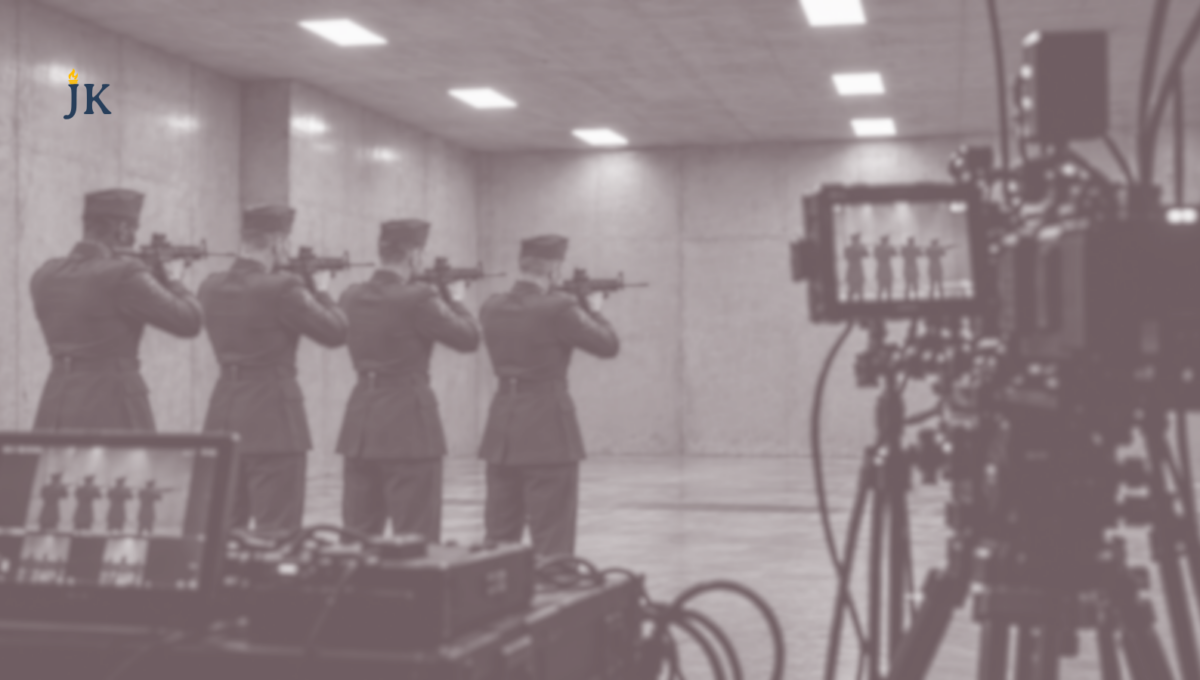 U.S. Army firing squad aiming rifles inside a concrete chamber while professional camera equipment records the scene.
